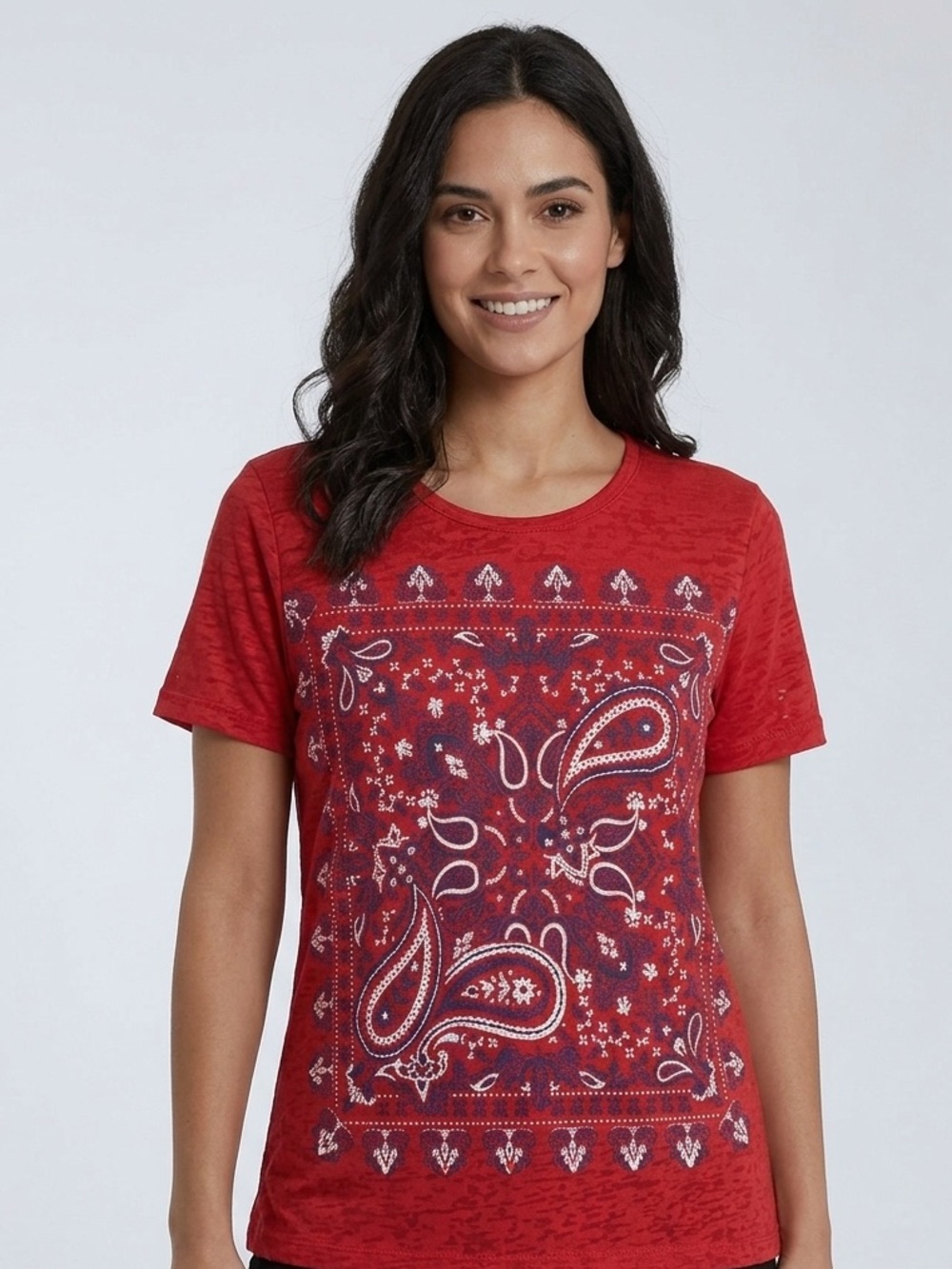 ERIKA Grand Bandana Print Burnout Tee L 22” p2p Red NWT